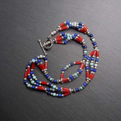 Lapis Lazuli Kette mit Koralle, Türkis und Silber
